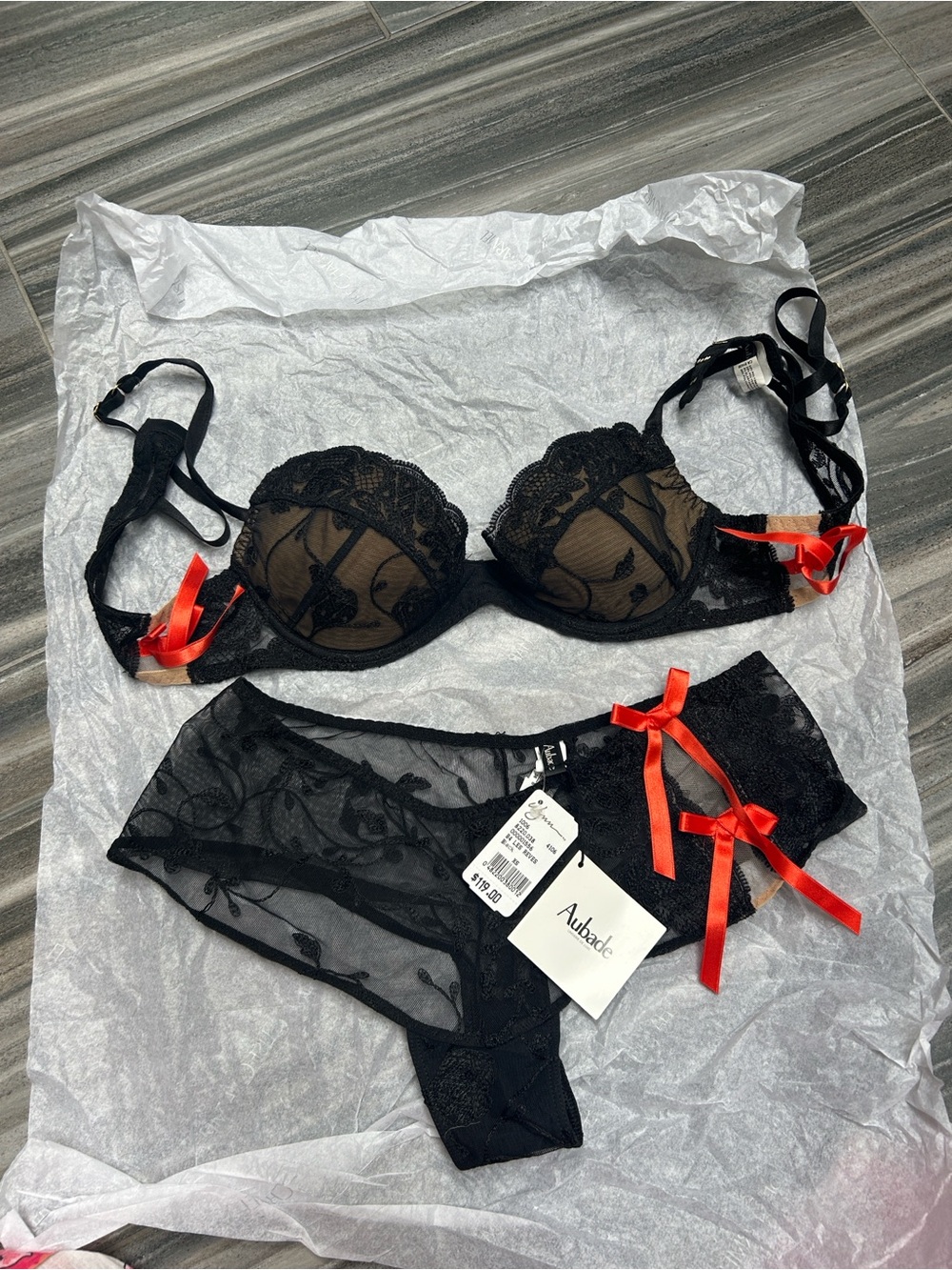 Aubade Black Sheer Lace Underwire Bra & Brief Set with Red Ribbon Detail